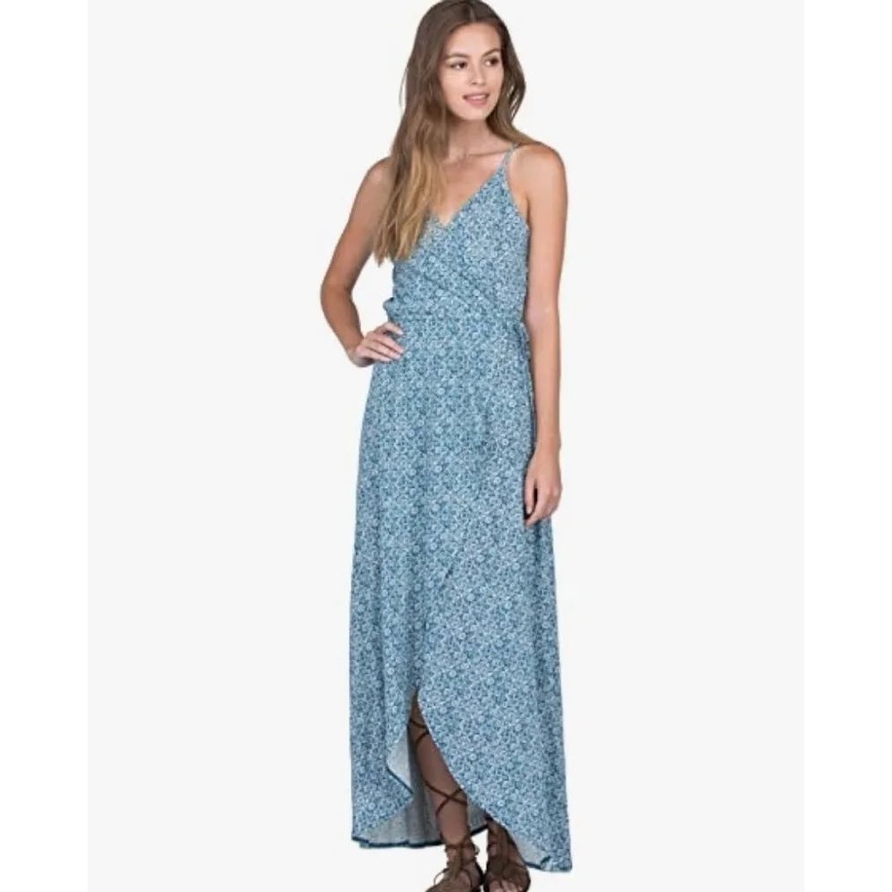 Volcom Beckon Me Wrap Maxi Dress Blue White Geometric Floral Print Large NWT NEW